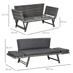 Outsunny 2 Seater Rattan Folding Daybed Sofa Bench Garden Chaise Lounger Loveseat with Cushion Outdoor Patio Grey - Aosom UK - thumbnail 3