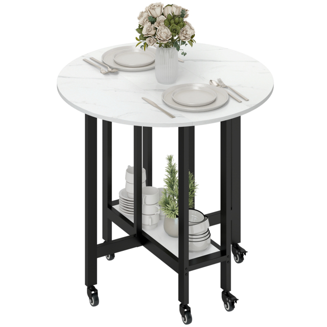 HOMCOM Folding Dining Table, Drop Leaf Table with Open Shelf, Rolling Kitchen Table for Dining Room, Small Spaces, White Marble - image 1