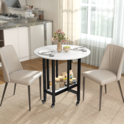 HOMCOM Folding Dining Table, Drop Leaf Table with Open Shelf, Rolling Kitchen Table for Dining Room, Small Spaces, White Marble - thumbnail 2
