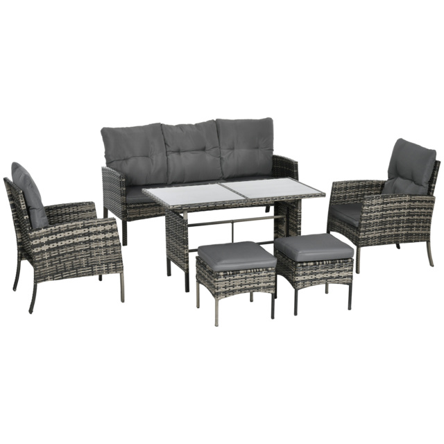 Outsunny 5 Seater Rattan Garden Furniture Set, 2 Armchairs, 3-seater Wicker Sofa, 2 Footstools Glass Table 6 Piece Patio Sofa Sets for Conservatory - image 1