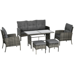 Outsunny 5 Seater Rattan Garden Furniture Set, 2 Armchairs, 3-seater Wicker Sofa, 2 Footstools Glass Table 6 Piece Patio Sofa Sets for Conservatory - thumbnail 1