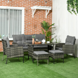 Outsunny 5 Seater Rattan Garden Furniture Set, 2 Armchairs, 3-seater Wicker Sofa, 2 Footstools Glass Table 6 Piece Patio Sofa Sets for Conservatory - thumbnail 2
