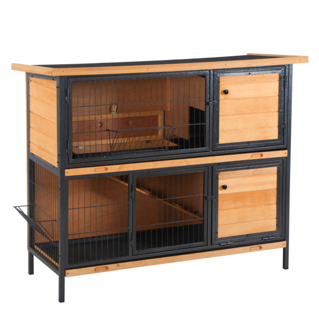 PawHut 2-Floor Wooden Rabbit Hutch Bunny Cage Metal Frame Pet House with Slide-Out Tray Feeding Trough Ramp Lockable Door Openable Roof - Aosom UK - image 1
