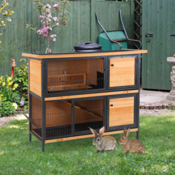 PawHut 2-Floor Wooden Rabbit Hutch Bunny Cage Metal Frame Pet House with Slide-Out Tray Feeding Trough Ramp Lockable Door Openable Roof - Aosom UK - thumbnail 2
