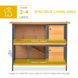 PawHut 2-Floor Wooden Rabbit Hutch Bunny Cage Metal Frame Pet House with Slide-Out Tray Feeding Trough Ramp Lockable Door Openable Roof - Aosom UK - thumbnail 4