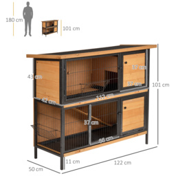 PawHut 2-Floor Wooden Rabbit Hutch Bunny Cage Metal Frame Pet House with Slide-Out Tray Feeding Trough Ramp Lockable Door Openable Roof - Aosom UK - thumbnail 3