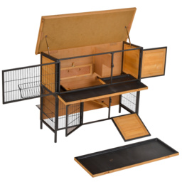 PawHut 2-Floor Wooden Rabbit Hutch Bunny Cage Metal Frame Pet House with Slide-Out Tray Feeding Trough Ramp Lockable Door Openable Roof - Aosom UK - thumbnail 9