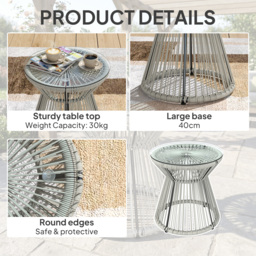 Outsunny Rattan Outdoor Coffee Table, PE Rattan Wicker Bistro Side Table with Tempered Glass Top, Light Grey - thumbnail 6