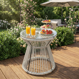Outsunny Rattan Outdoor Coffee Table, PE Rattan Wicker Bistro Side Table with Tempered Glass Top, Light Grey - thumbnail 8