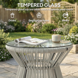 Outsunny Rattan Outdoor Coffee Table, PE Rattan Wicker Bistro Side Table with Tempered Glass Top, Light Grey - thumbnail 4