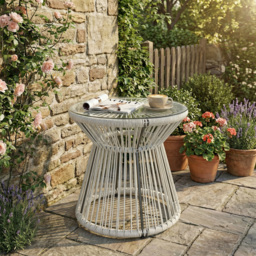 Outsunny Rattan Outdoor Coffee Table, PE Rattan Wicker Bistro Side Table with Tempered Glass Top, Light Grey - thumbnail 2