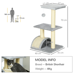 PawHut Compact Cat Tree for Indoor Use, Multi-Level with Sisal Scratching Posts, Cushioned Platform, Hanging Ball, Light Grey - Aosom UK - thumbnail 3