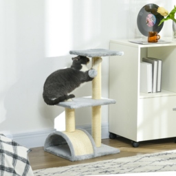 PawHut Compact Cat Tree for Indoor Use, Multi-Level with Sisal Scratching Posts, Cushioned Platform, Hanging Ball, Light Grey - Aosom UK - thumbnail 2
