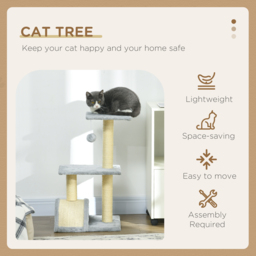 PawHut Compact Cat Tree for Indoor Use, Multi-Level with Sisal Scratching Posts, Cushioned Platform, Hanging Ball, Light Grey - Aosom UK - thumbnail 4