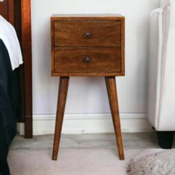 Solid Mango Wood Mini Bedside Cabinet with 2 Smooth-Gliding Drawers, Handcrafted Desk with Nordic Slim Legs, 30L x 30W x 57H cm, Brown - Aosom UK