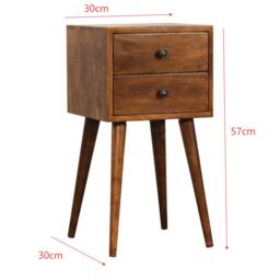 Solid Mango Wood Mini Bedside Cabinet with 2 Smooth-Gliding Drawers, Handcrafted Desk with Nordic Slim Legs, 30L x 30W x 57H cm, Brown - Aosom UK - thumbnail 3