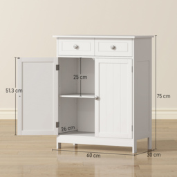 kleankin Bathroom Storage Cabinet Free-Standing Bathroom Cabinet Unit w/ 2 Drawers Cupboard Adjustable Shelf Handles Traditional Style 75x60cm White - thumbnail 3