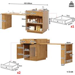 Versatile Kitchen Island with Extendable Table and 2 Drawers, Stylish Storage Cabinet for Dining Areas, 122-195L x 70W x 93.5H cm, Wood - Aosom UK - thumbnail 3
