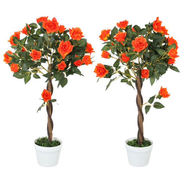Outsunny Set of 2 Artificial Plants White Rose Floral in Pot, Fake Plants for Home Indoor Outdoor Decor, 90cm, Orange - image 1