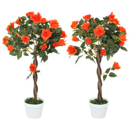 Outsunny Set of 2 Artificial Plants White Rose Floral in Pot, Fake Plants for Home Indoor Outdoor Decor, 90cm, Orange - thumbnail 1