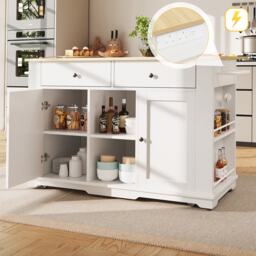 Movable Kitchen Island with Power Strip, Foldable Dining Table with Adjustable Shelves, Center Island with Lockable Castors, 151.5L x 85W x 92H cm, White - Aosom UK - thumbnail 7