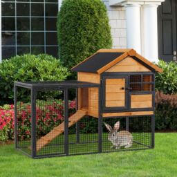 PawHut Wood-metal Rabbit Hutch Elevated Pet Bunny House Rabbit Cage with Slide-Out Tray Outdoor - thumbnail 2