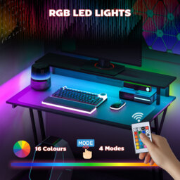 HOMCOM Gaming Desk with LED Lights and Power Outlets, 100 x 60cm Z Shaped Computer Desk with Monitor Stand and Steel Frame for Home Office, Black - thumbnail 4