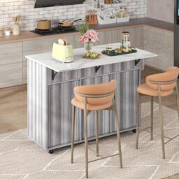 Sleek Kitchen Trolley with 2 Drawers and Foldable Tabletop, Mobile Kitchen Island with Wood Veneer, 129L x 46W x 91.5H cm, Grey+White - Aosom UK - thumbnail 9