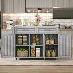 Sleek Kitchen Trolley with 2 Drawers and Foldable Tabletop, Mobile Kitchen Island with Wood Veneer, 129L x 46W x 91.5H cm, Grey+White - Aosom UK - thumbnail 1