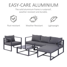 Outsunny 6 PCs Outdoor Indoor Sectional Sofa Set Thick Padded Cushions Aluminium Frame 5 Seaters 1 Coffee Table Footrest Grey - thumbnail 4