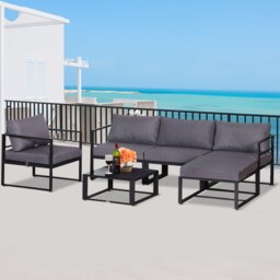 Outsunny 6 PCs Outdoor Indoor Sectional Sofa Set Thick Padded Cushions Aluminium Frame 5 Seaters 1 Coffee Table Footrest Grey - thumbnail 2