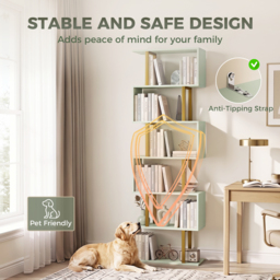 HOMCOM S-Shaped Bookshelf, 5-Tier Bookcase, Freestanding Storage Shelves with Anti-Tip Strap for Living Room, Light Green - thumbnail 6
