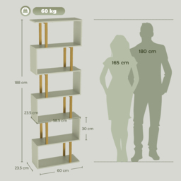 HOMCOM S-Shaped Bookshelf, 5-Tier Bookcase, Freestanding Storage Shelves with Anti-Tip Strap for Living Room, Light Green - thumbnail 3
