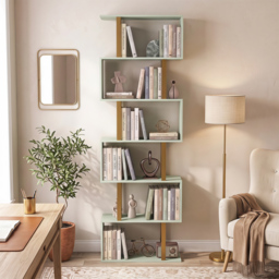 HOMCOM S-Shaped Bookshelf, 5-Tier Bookcase, Freestanding Storage Shelves with Anti-Tip Strap for Living Room, Light Green - thumbnail 8