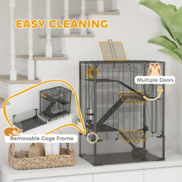 PawHut 4 Tiers Hamster Cage with Deep Tempered Glass Bottom, Hut, Running Wheel, Food Dish, Water Bottle, 60 x 40 x 80cm - Aosom UK - thumbnail 6