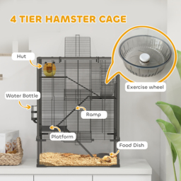 PawHut 4 Tiers Hamster Cage with Deep Tempered Glass Bottom, Hut, Running Wheel, Food Dish, Water Bottle, 60 x 40 x 80cm - Aosom UK - thumbnail 5