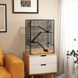 PawHut 4 Tiers Hamster Cage with Deep Tempered Glass Bottom, Hut, Running Wheel, Food Dish, Water Bottle, 60 x 40 x 80cm - Aosom UK - thumbnail 2