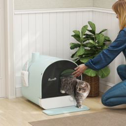 PawHut Hooded Cat Litter Box, Enclosed Kitten Litter Tray with Scoop, Filter & Flap Door, 43x44x47 cm, Green - Aosom UK - thumbnail 2