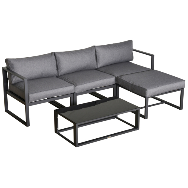 Outsunny 5 Pieces Outdoor Patio Furniture Set, Sofa Couch with Glass Coffee Table, Cushioned Chairs and Metal Frame, for Balcony Garden Backyard, Grey - image 1