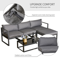 Outsunny 5 Pieces Outdoor Patio Furniture Set, Sofa Couch with Glass Coffee Table, Cushioned Chairs and Metal Frame, for Balcony Garden Backyard, Grey - thumbnail 6
