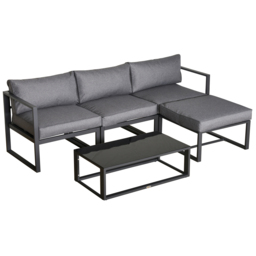 Outsunny 5 Pieces Outdoor Patio Furniture Set, Sofa Couch with Glass Coffee Table, Cushioned Chairs and Metal Frame, for Balcony Garden Backyard, Grey - thumbnail 1
