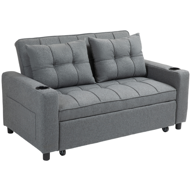 HOMCOM Two-Seater Pull-Out Sofa Bed with 2 Side Pockets Sofa Sleeper Bed with 3 Position Adjustable backrest, Charcoal Grey - Aosom UK - image 1