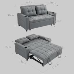 HOMCOM Two-Seater Pull-Out Sofa Bed with 2 Side Pockets Sofa Sleeper Bed with 3 Position Adjustable backrest, Charcoal Grey - Aosom UK - thumbnail 3