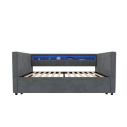 Space-Saving Pull-Out Double Bed with USB Type-C Charging and LED Lighting, Sleeper Sofa with Sturdy Wood, 201L x 100W x 73H cm, Dark Gray - Aosom UK - thumbnail 2