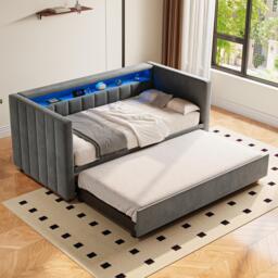 Space-Saving Pull-Out Double Bed with USB Type-C Charging and LED Lighting, Sleeper Sofa with Sturdy Wood, 201L x 100W x 73H cm, Dark Gray - Aosom UK