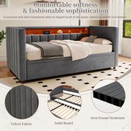 Space-Saving Pull-Out Double Bed with USB Type-C Charging and LED Lighting, Sleeper Sofa with Sturdy Wood, 201L x 100W x 73H cm, Dark Gray - Aosom UK - thumbnail 5