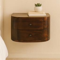 Solid Mango Wood Floating Bedside Unit with Smooth-Gliding Drawers, Space-Saving Desk with Clear Natural Finish, 30L x 45W x 25H cm, Brown - Aosom UK - thumbnail 1