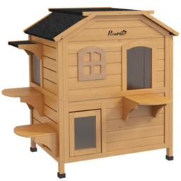 PawHut Wooden Cat House Condos Cat Cave Pet Shelter 2 Floor Villa Outdoor Furniture Natural Wood Finish - Aosom UK - thumbnail 1