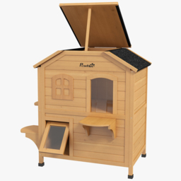 PawHut Wooden Cat House Condos Cat Cave Pet Shelter 2 Floor Villa Outdoor Furniture Natural Wood Finish - Aosom UK - thumbnail 9