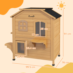 PawHut Wooden Cat House Condos Cat Cave Pet Shelter 2 Floor Villa Outdoor Furniture Natural Wood Finish - Aosom UK - thumbnail 3